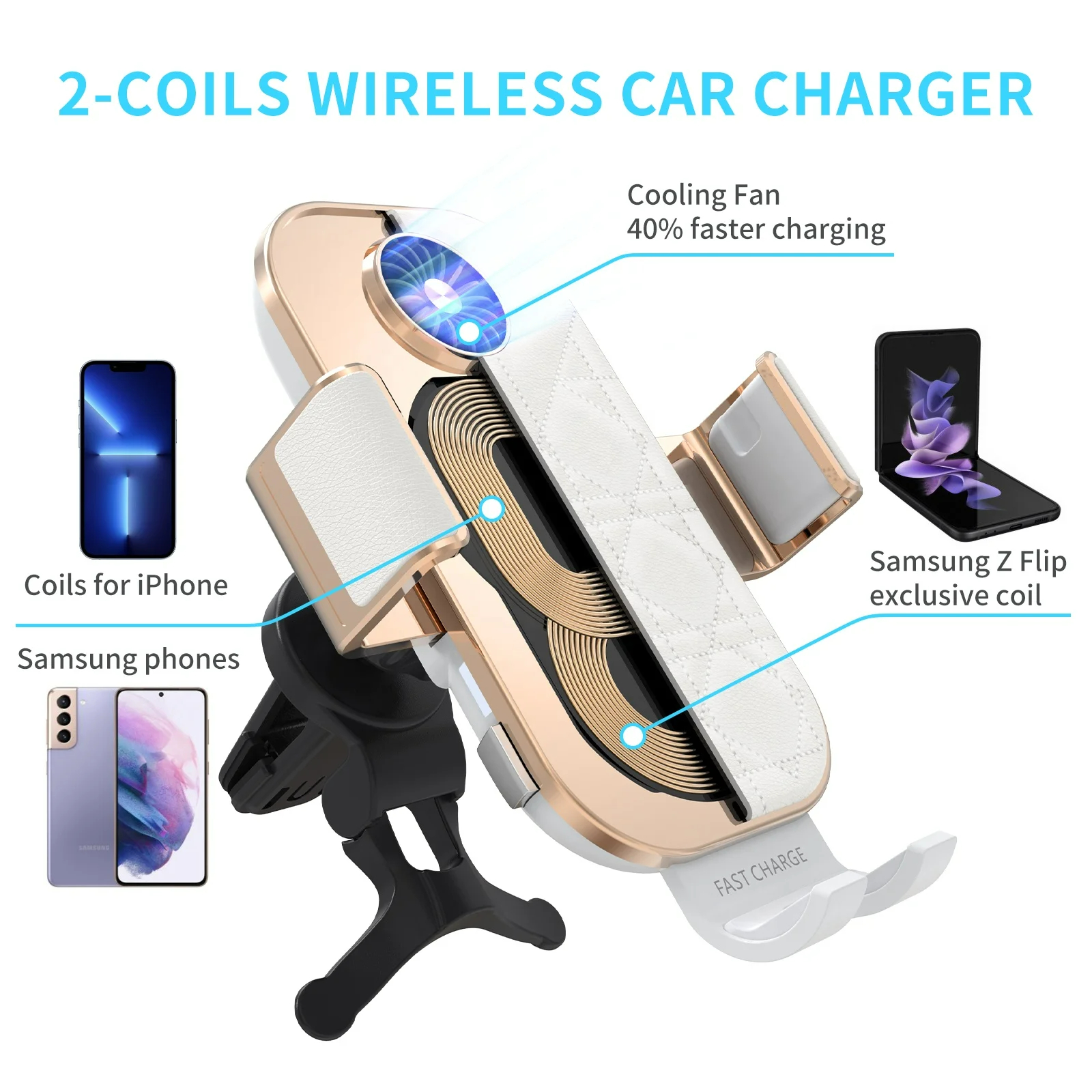 15W Wireless Car Charger for Samsung Galaxy Z Flip 6 5 iPhone Fast Charging 