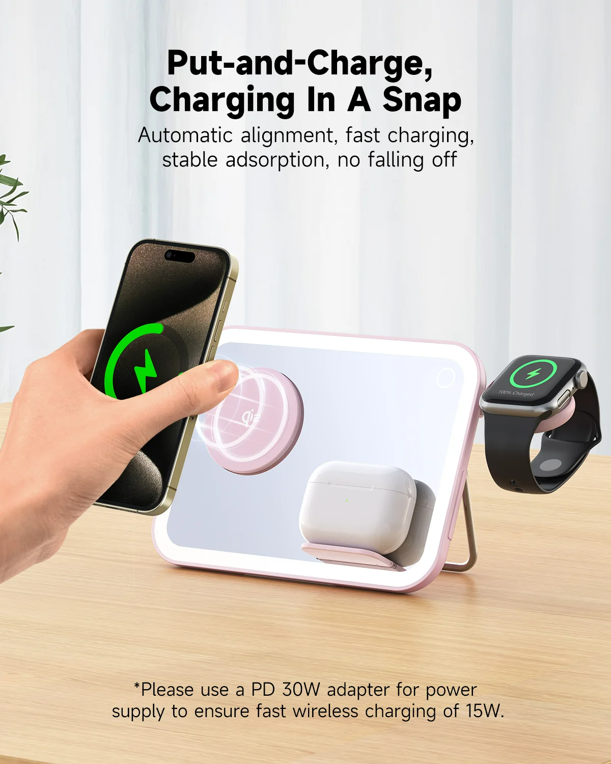 15W 3 in 1Magnetic Wireless Charger Station Vanity Mirror LED Night Light for iPhone iWatch Aipods 15W 3 in 1Magnetic Wireless Charger Station Vanity Mirror LED Night Light for iPhone iWatch Aipods