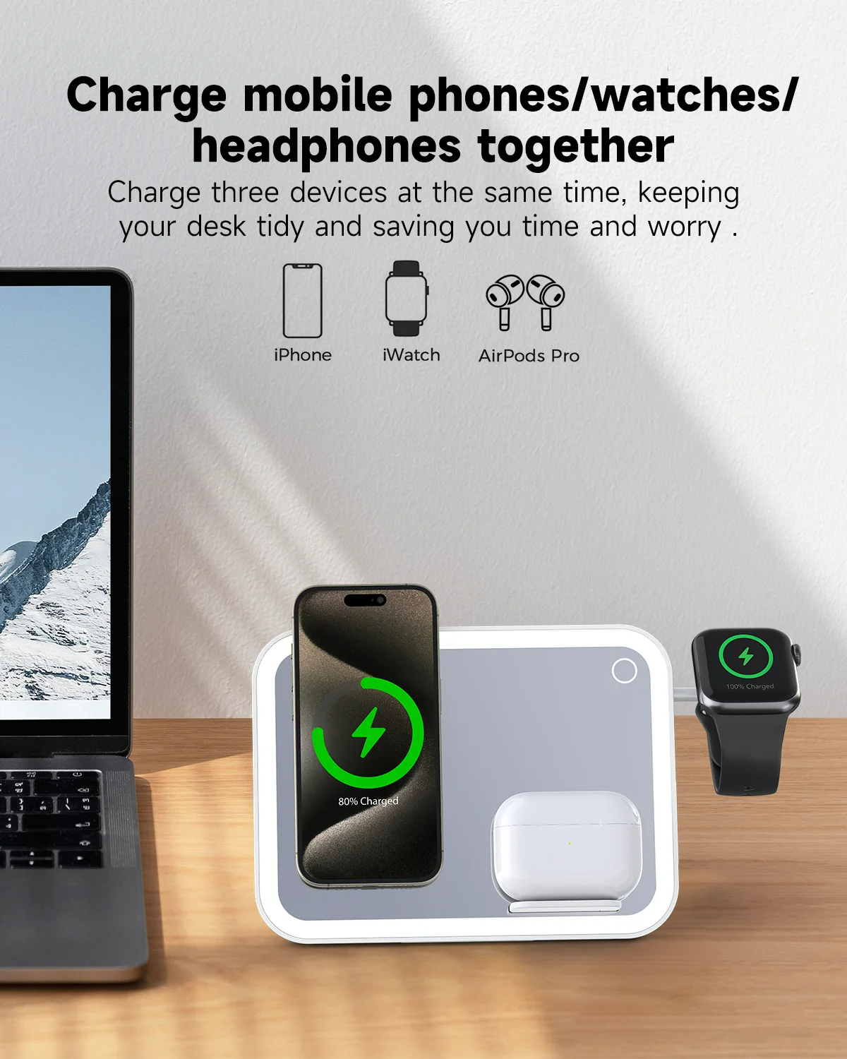 15W 3 in 1Magnetic Wireless Charger Station Vanity Mirror LED Night Light for iPhone iWatch Aipods 15W 3 in 1Magnetic Wireless Charger Station Vanity Mirror LED Night Light for iPhone iWatch Aipods