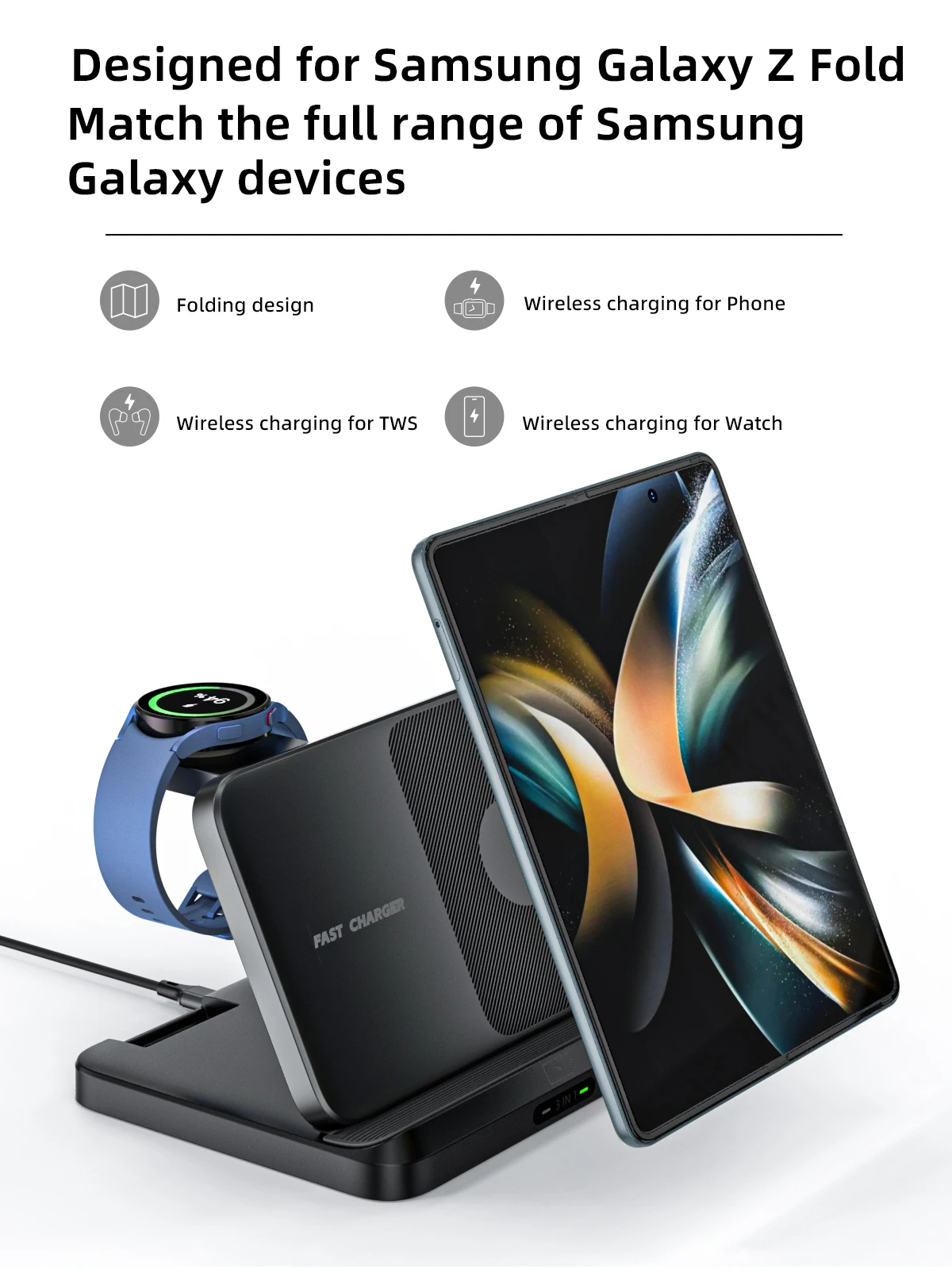 15W 3 In 1 Wireless Charger For Galaxy Z Fold 4 3 2 For All Samsung Tablet Watch Buds