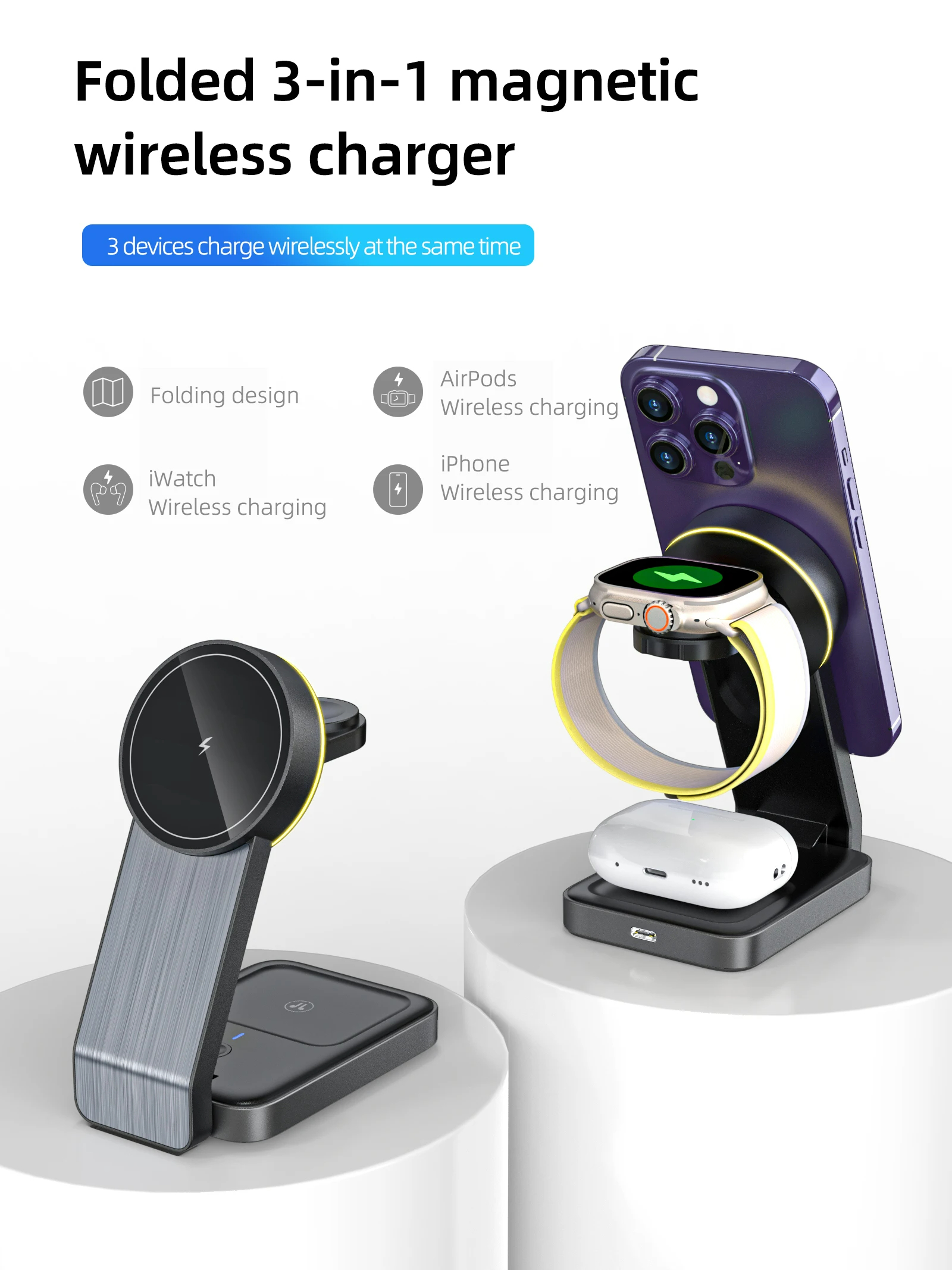 15W Magnetic Macsafe Fast QI Wireless Charging Wireless Fast Charger Station For Apple 3 In 1 15W Magnetic Macsafe Fast QI Wireless Charging Wireless Fast Charger Station For Apple 3 In 1