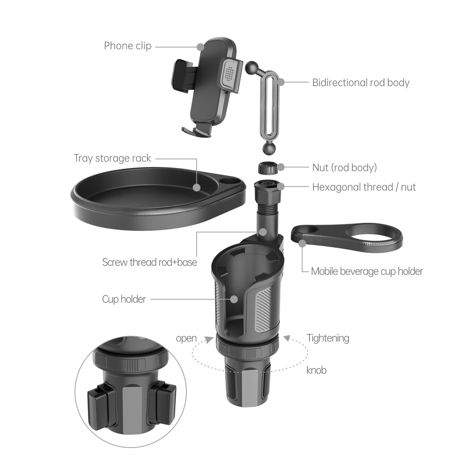 4 in 1 Newest 360 Degree Rotation Car Cup Holder Tray with Phone Slot Swivel Arm and Cup Holder