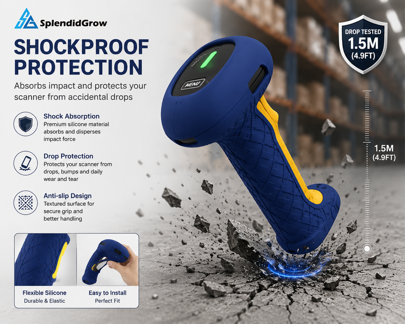 Wireless Shockproof Anti-Slip Barcode Scanner Silicone Case for 1D 2D QR Code Handheld Scanner