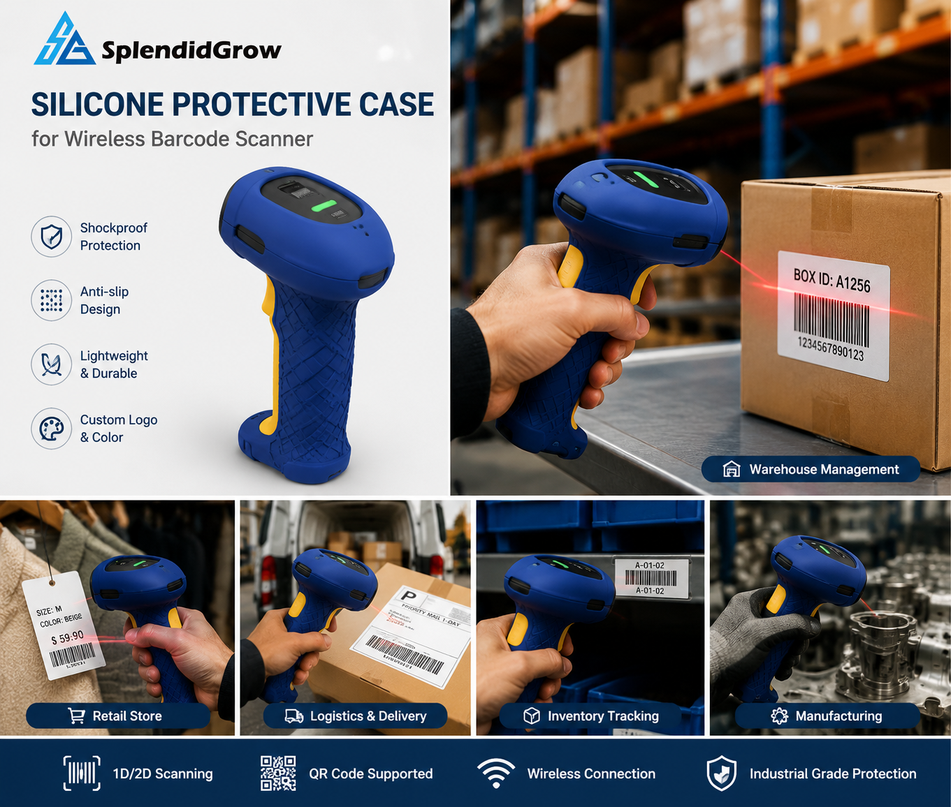 Wireless Shockproof Anti-Slip Barcode Scanner Silicone Case for 1D 2D QR Code Handheld Scanner