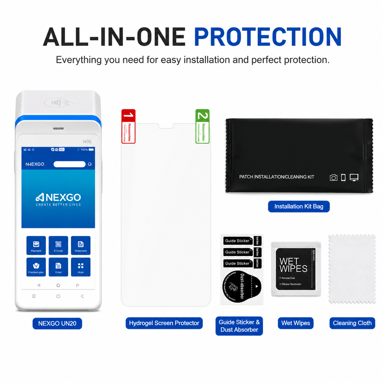 Custom Anti-Scratch Hydrogel Screen Protector with Installation Kit for NEXGO N96 POS Terminal Custom Anti-Scratch Hydrogel Screen Protector with Installation Kit for NEXGO N96 POS Terminal