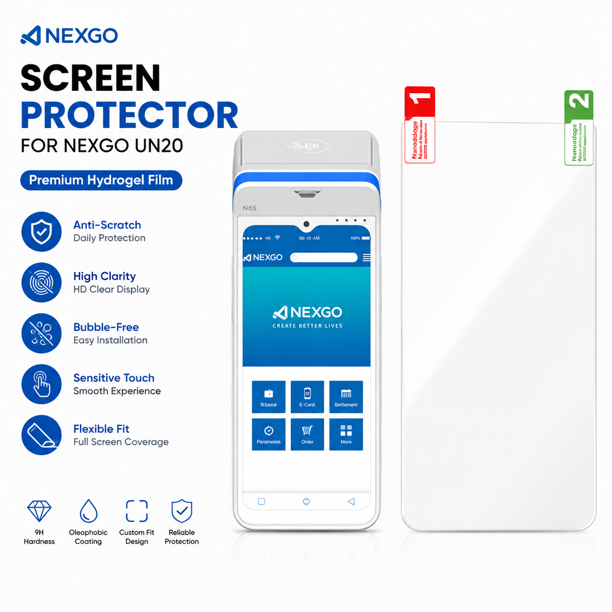 Custom Anti-Scratch Hydrogel Screen Protector with Installation Kit for NEXGO N96 POS Terminal Custom Anti-Scratch Hydrogel Screen Protector with Installation Kit for NEXGO N96 POS Terminal