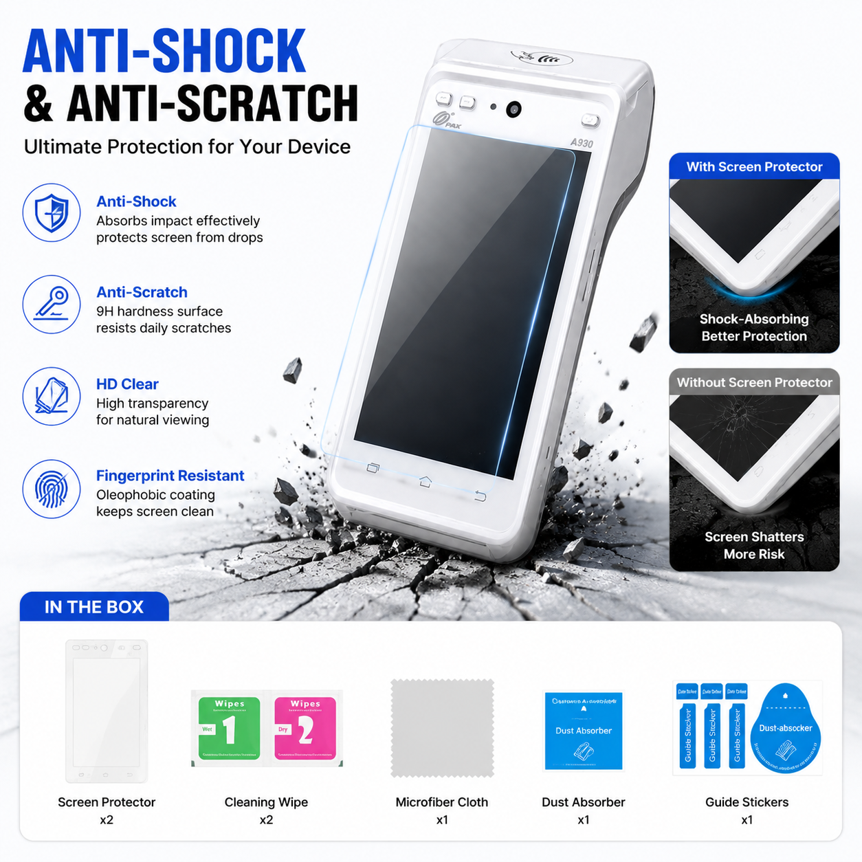 Custom Anti Scratch Anti Shock HD Clear Hydrogel Screen Protector for PAX A930 POS Terminal 