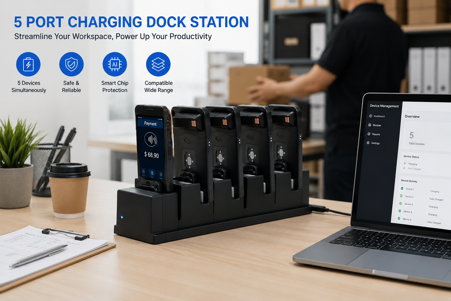 5-Port Charging Dock Station for POS Terminals Tablets Barcode Scanners OEM Manufacturer 5-Port Charging Dock Station for POS Terminals Tablets Barcode Scanners OEM Manufacturer