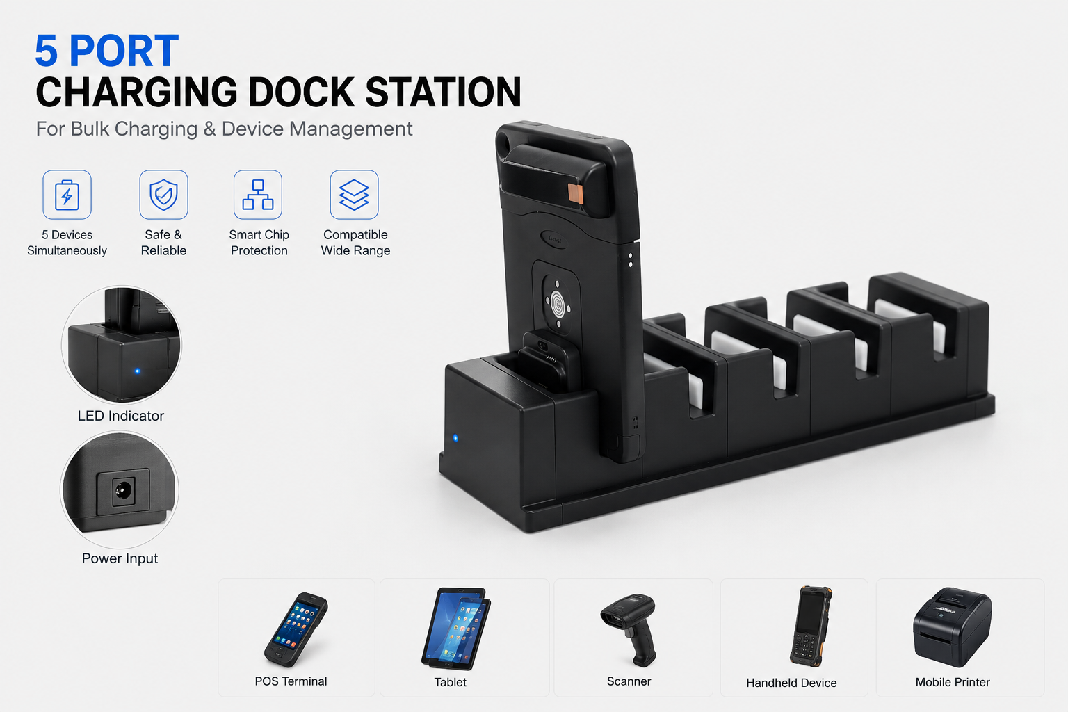 5-Port Charging Dock Station for POS Terminals Tablets Barcode Scanners OEM Manufacturer