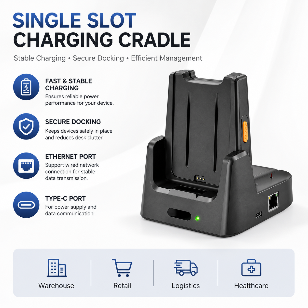 Single Slot Ethernet Charging Cradle for Android PDA Barcode Scanner and Mobile Computer